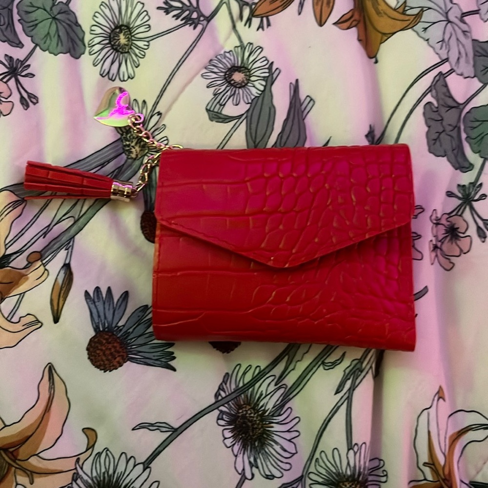 Bright Red fold wallet with heart chain